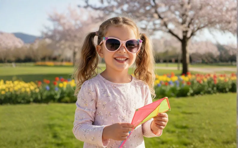 Niña de 6 años en un parque al aire libre con gafas de sol de niños de soloptical y un avanico en la mano.